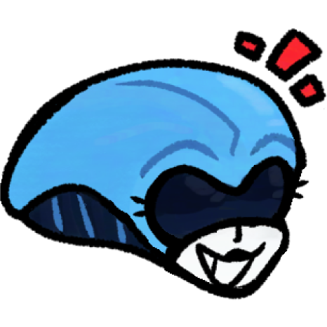 A drawing of the head of the character Queen from Deltarune. She is a light blue, loosely humanoid android. The back of her head is elongated and has a segmented black underside. Her face consists of a blank black display shaped like conjoined eyes with eyelashes, and a white panel on the lower half of her face containing her nose and mouth. There are small red emphasis marks by her forehead for decoration